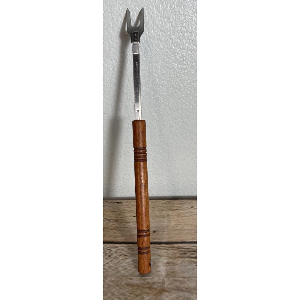 Vintage  Mid Century Stainless Steel Meat BBQ Fork‎ Wood Handle USA Made